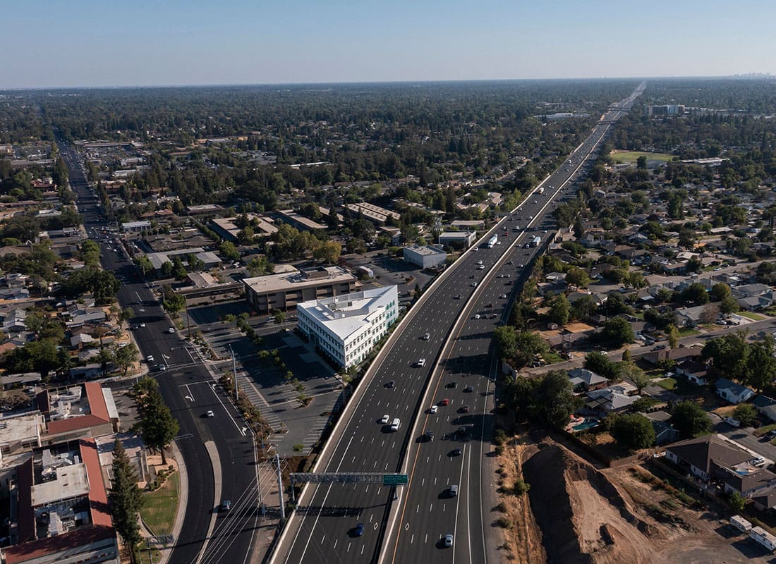 Roseville, CA - Aerial View of Urban Downtown Roseville California on a Sunny Day in the Late Afternoon